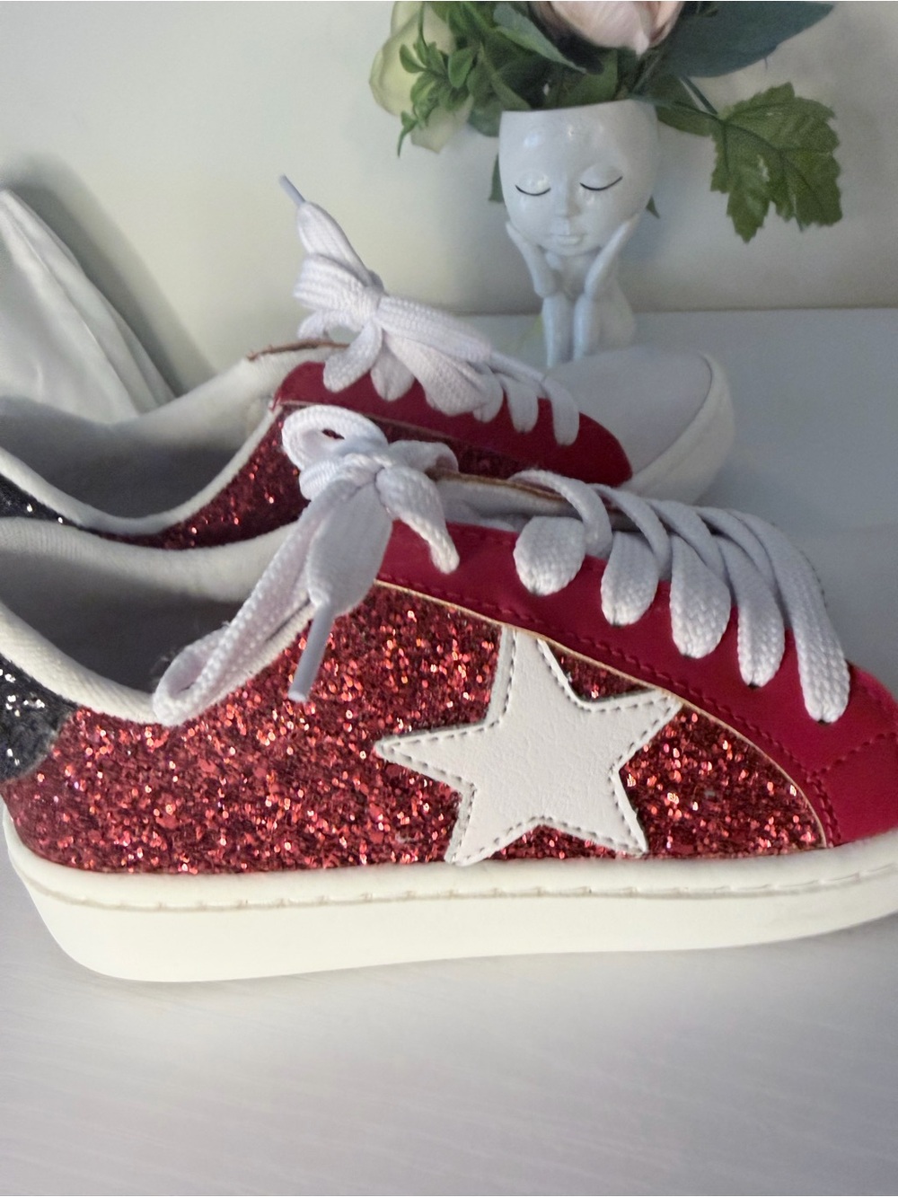 MKS glitter star sneakers, red white black, women's, breathable, pre-owned size